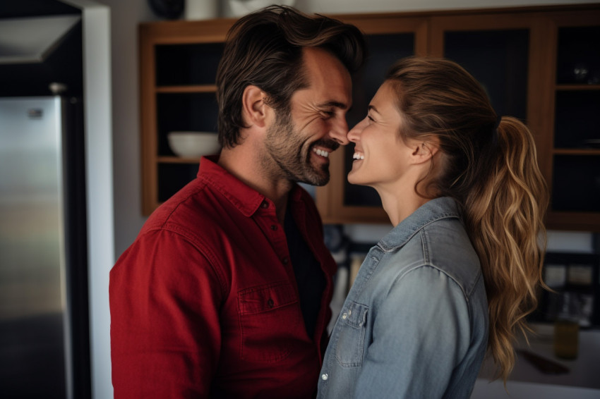 Happy couple hugging at home Happy couple hugging at home