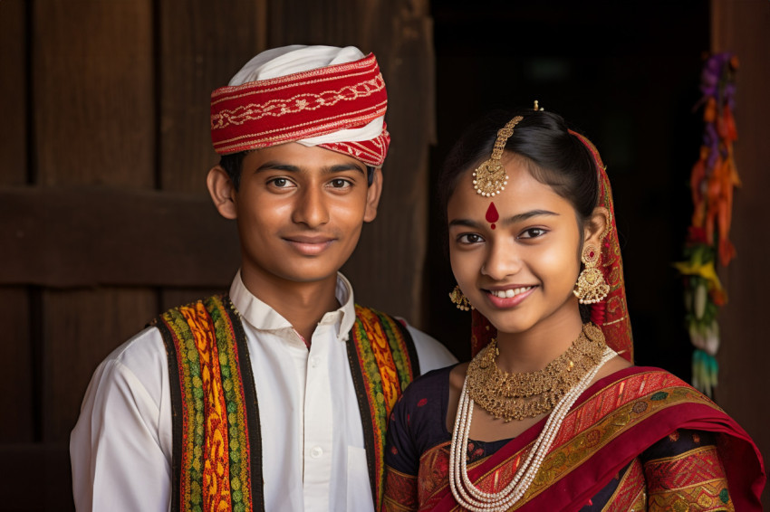 Young Indian couple in traditional clothes at new home