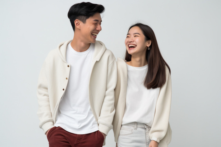 Millennial Asian couple smiling at each other holding hands White studio photo Millennial Asian couple smiling at each other holding hands White studio photo