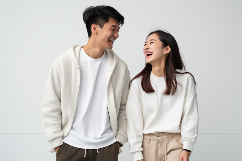Millennial Asian couple smiling at each other holding hands White studio photo Millennial Asian couple smiling at each other holding hands White studio photo