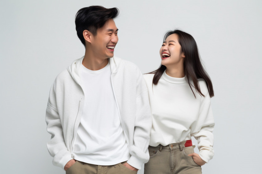 Millennial Asian couple smiling at each other holding hands White studio photo Millennial Asian couple smiling at each other holding hands White studio photo