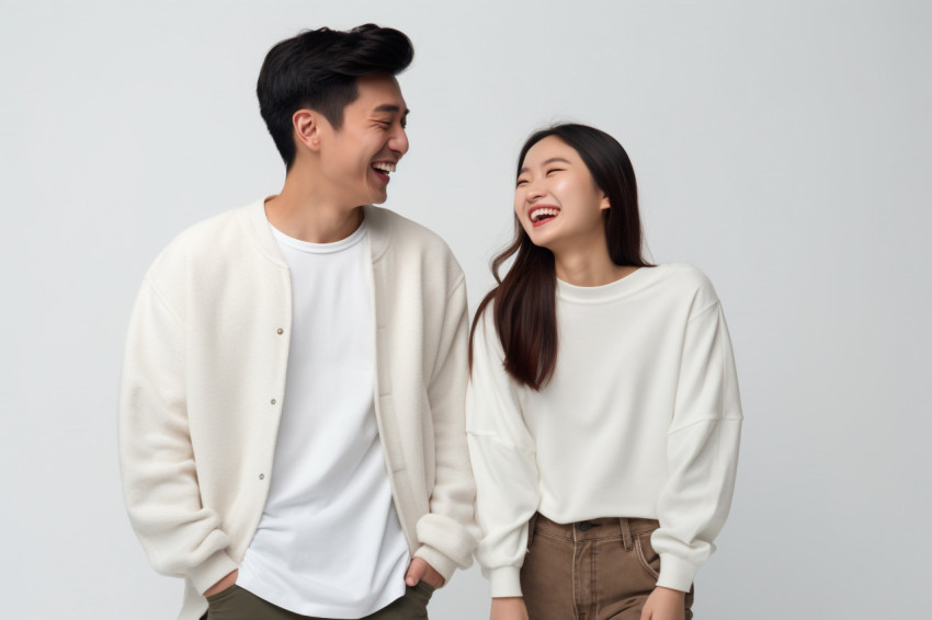 Millennial Asian couple smiling at each other holding hands White studio photo Millennial Asian couple smiling at each other holding hands White studio photo