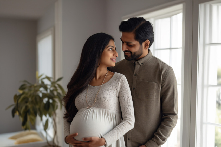 Indian couple standing together indoors expecting a baby