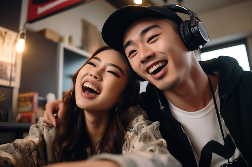 Asian couple dancing at home recording video on smartphone Asian couple dancing at home recording video on smartphone
