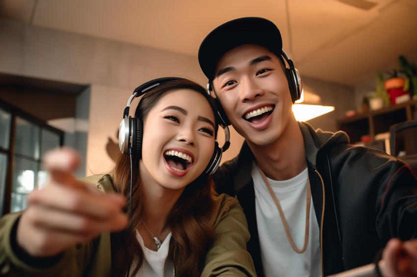 Asian couple dancing at home recording video on smartphone Asian couple dancing at home recording video on smartphone