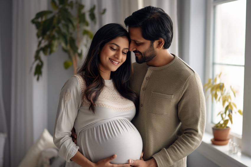 Indian couple standing together indoors expecting a baby
