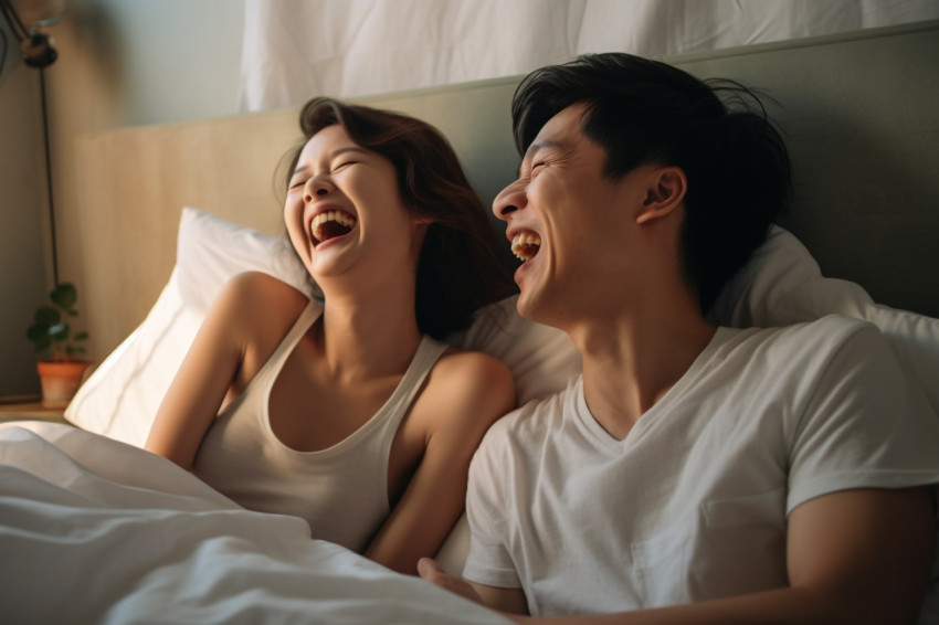 Photo of Singaporean young couple laughing in bed Photo of Singaporean young couple laughing in bed