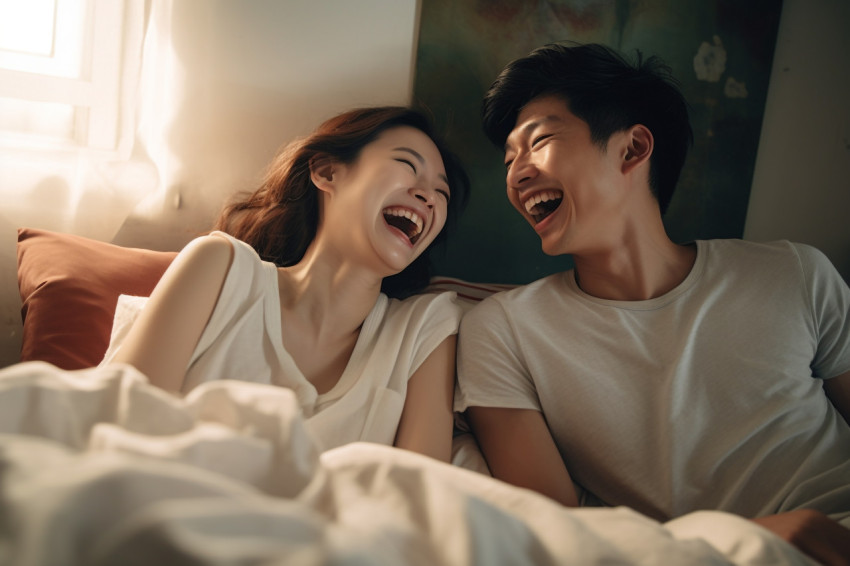 Photo of Singaporean young couple laughing in bed Photo of Singaporean young couple laughing in bed