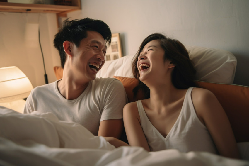 Photo of Singaporean young couple laughing in bed Photo of Singaporean young couple laughing in bed