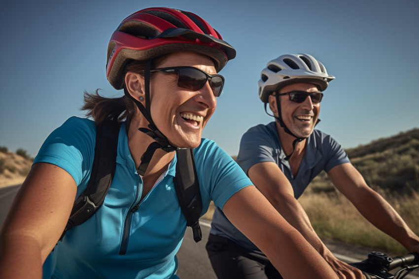 Couple on bike smiling Couple on bike smiling