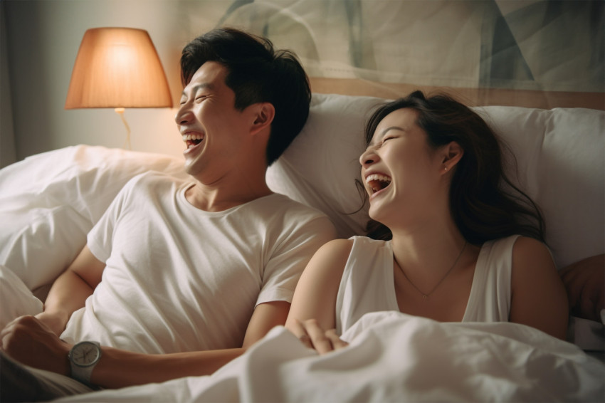 Photo of Singaporean young couple laughing in bed Photo of Singaporean young couple laughing in bed