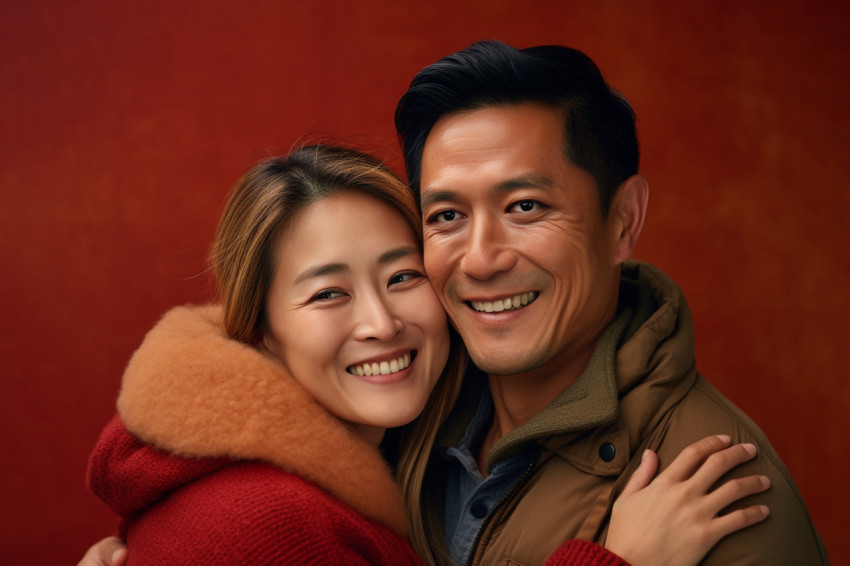 Happy Asian couple hugging Happy Asian couple hugging
