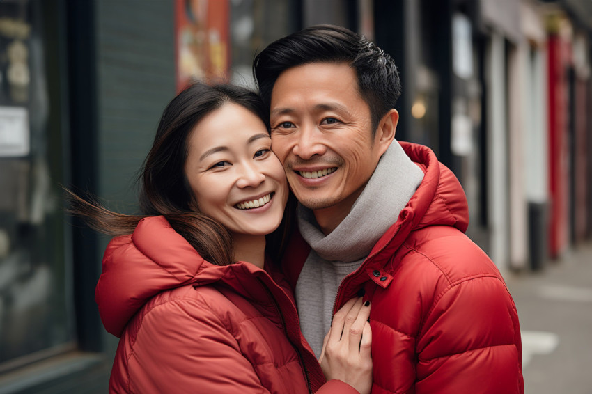 Happy Asian couple hugging Happy Asian couple hugging