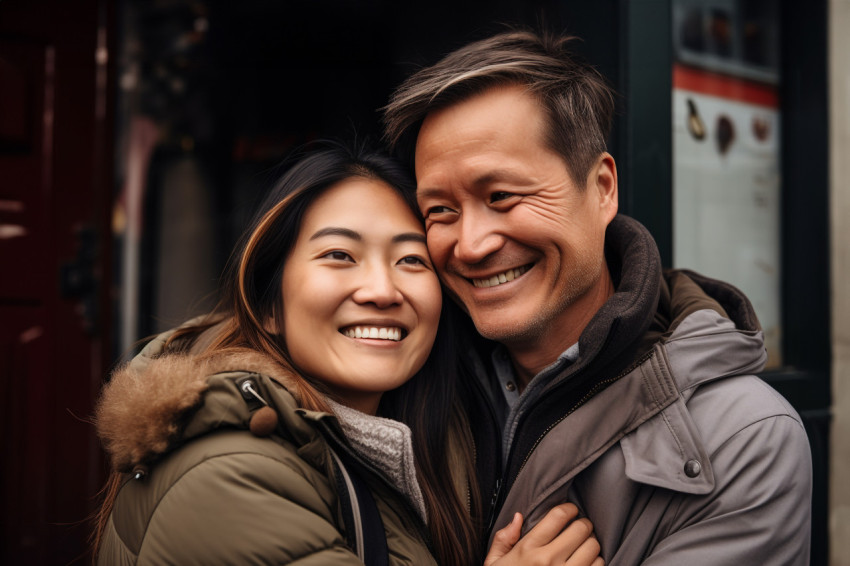 Happy Asian couple hugging Happy Asian couple hugging