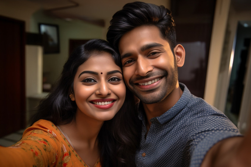 Indian couple takes selfie at home Indian couple takes selfie at home