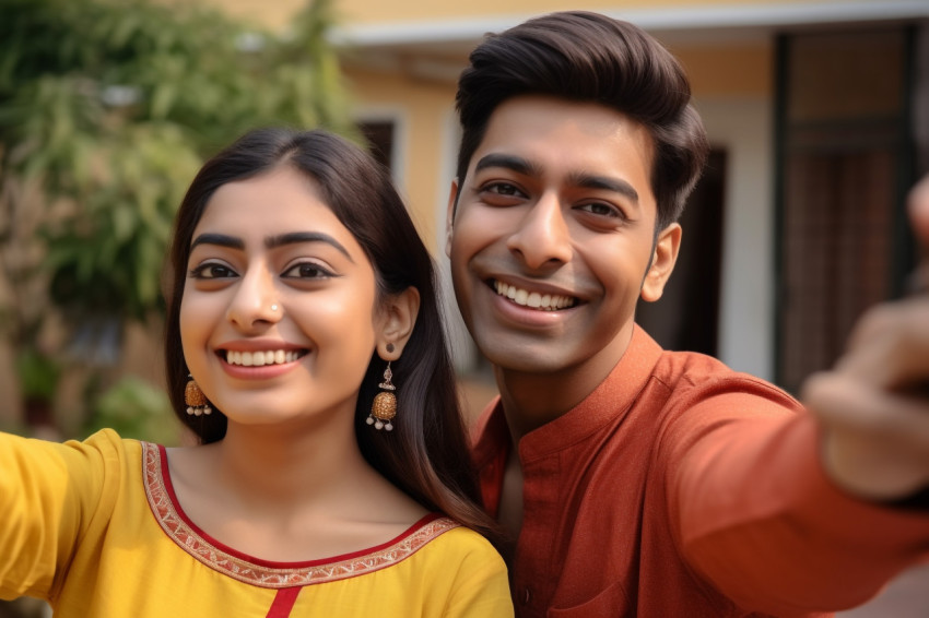 Indian couple takes selfie at home Indian couple takes selfie at home