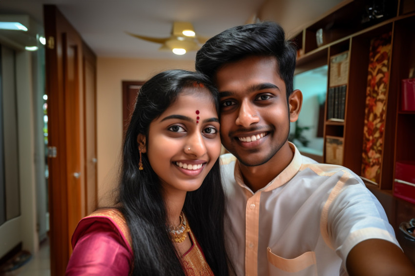 Indian couple takes selfie at home Indian couple takes selfie at home