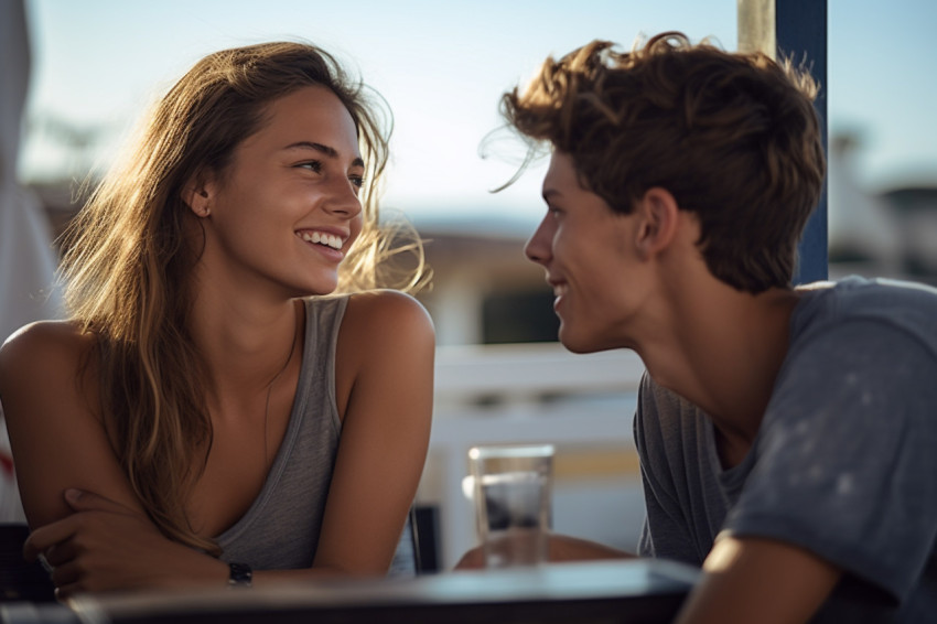 Young couple talking on balcony Young couple talking on balcony