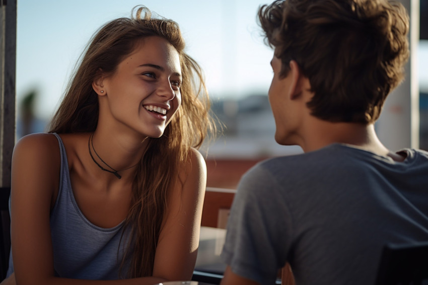 Young couple talking on balcony Young couple talking on balcony