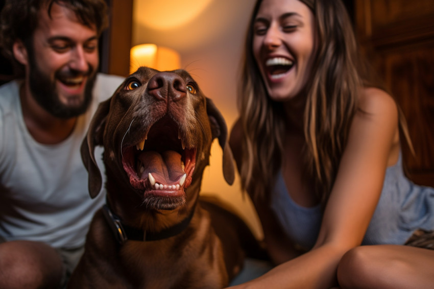 Couple with dog playing at home Couple with dog playing at home