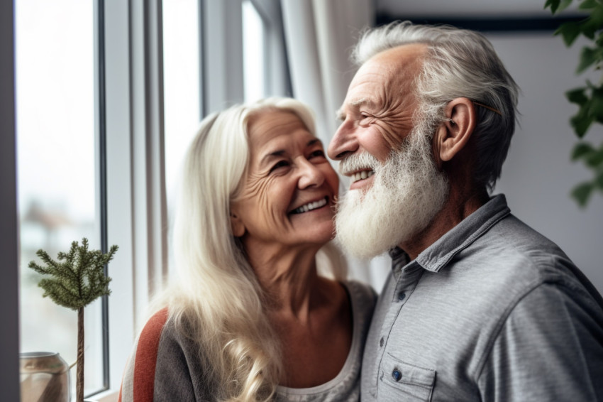 Happy retired couple looking out window Happy retired couple looking out window