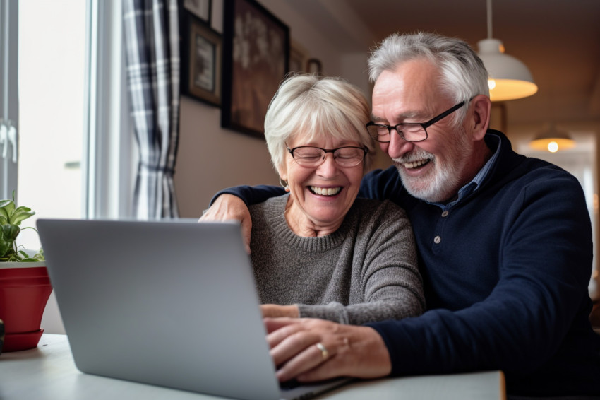 Happy older couple using laptop at home Happy older couple using laptop at home