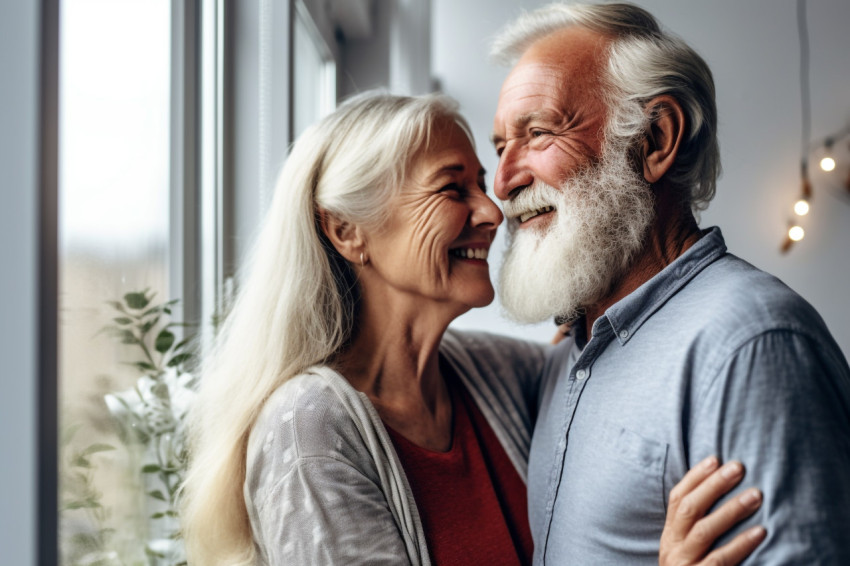 Happy retired couple looking out window Happy retired couple looking out window