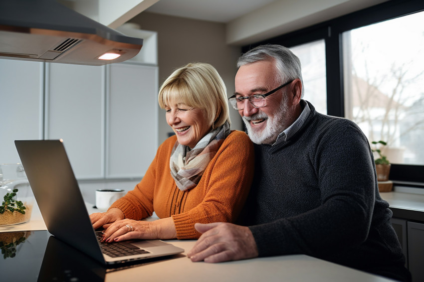 Happy older couple using laptop at home Happy older couple using laptop at home