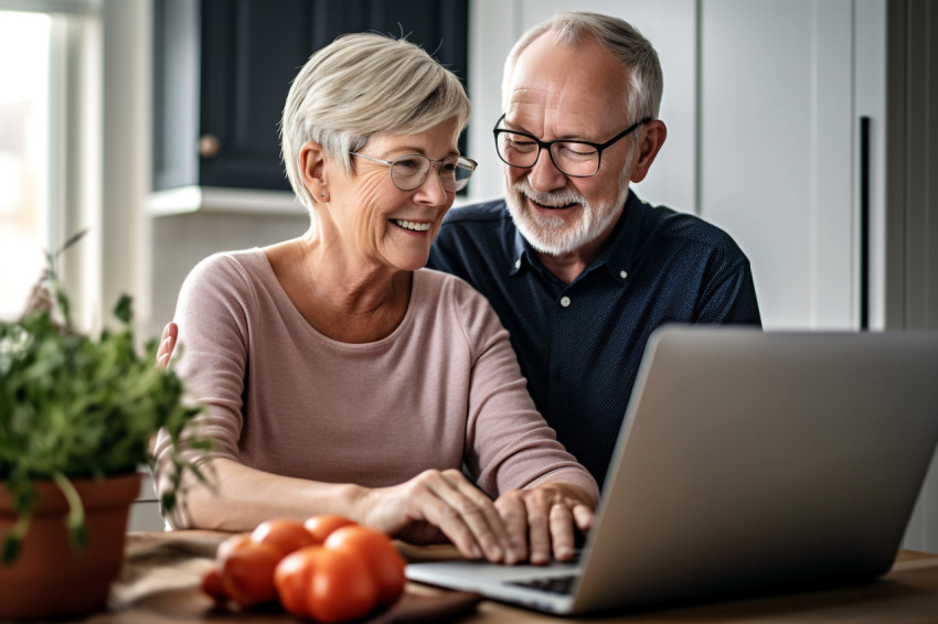 Happy older couple using laptop at home Happy older couple using laptop at home