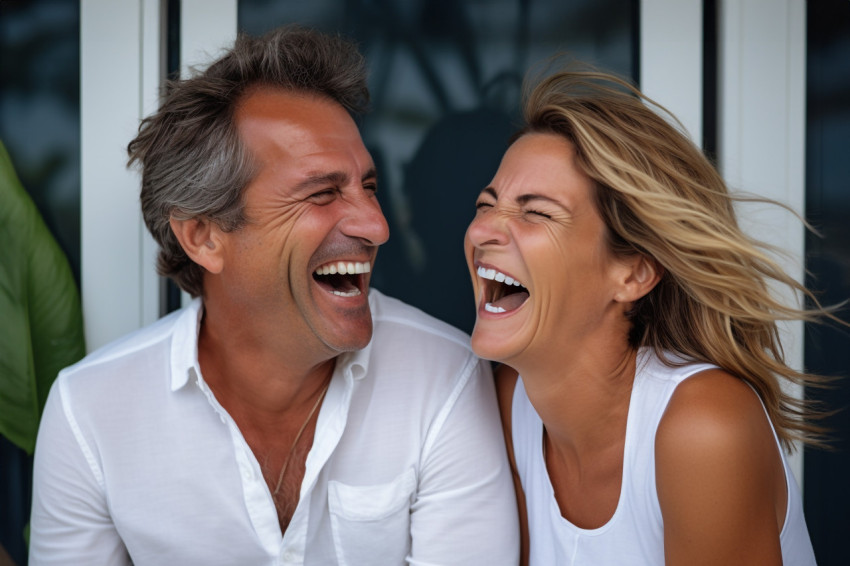Romantic photo of happy married couple laughing together at home Romantic photo of happy married couple laughing together at home