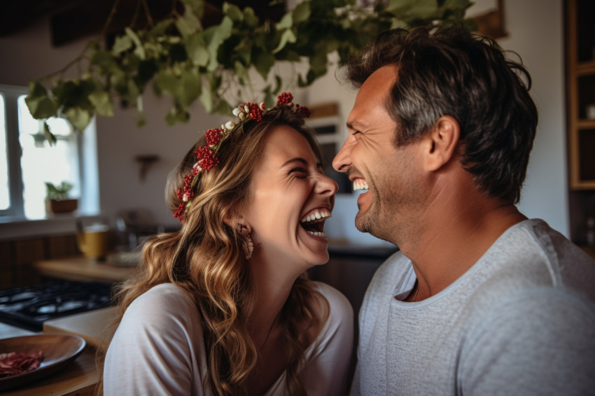 Romantic photo of happy married couple laughing together at home Romantic photo of happy married couple laughing together at home