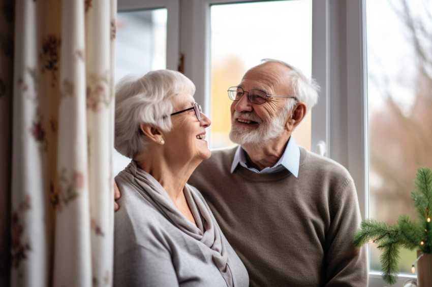 Happy retired couple looking out window Happy retired couple looking out window