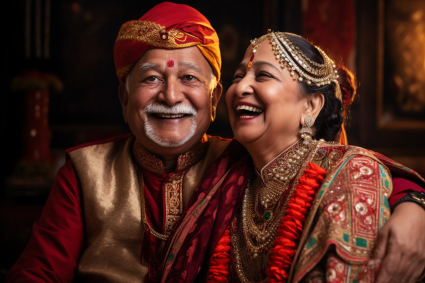 Indian senior couple smiling in traditional dress Indian senior couple smiling in traditional dress