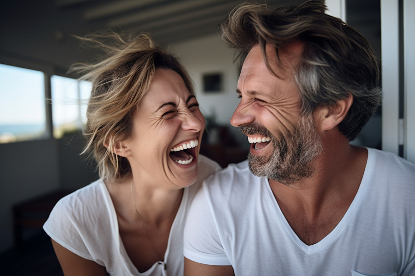 Romantic photo of happy married couple laughing together at home Romantic photo of happy married couple laughing together at home