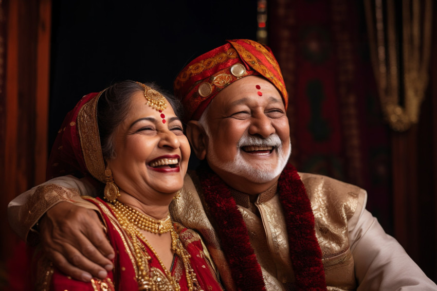 Indian senior couple smiling in traditional dress Indian senior couple smiling in traditional dress