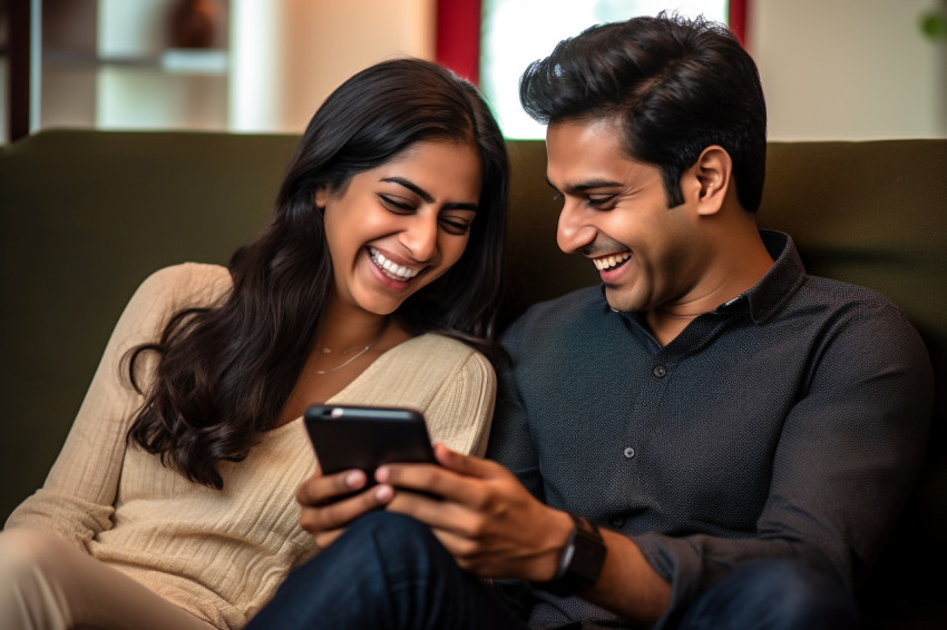Happy Indian couple laughing on sofa with smartphone Happy Indian couple laughing on sofa with smartphone