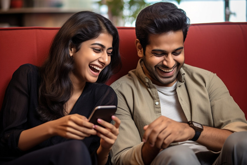 Happy Indian couple laughing on sofa with smartphone Happy Indian couple laughing on sofa with smartphone