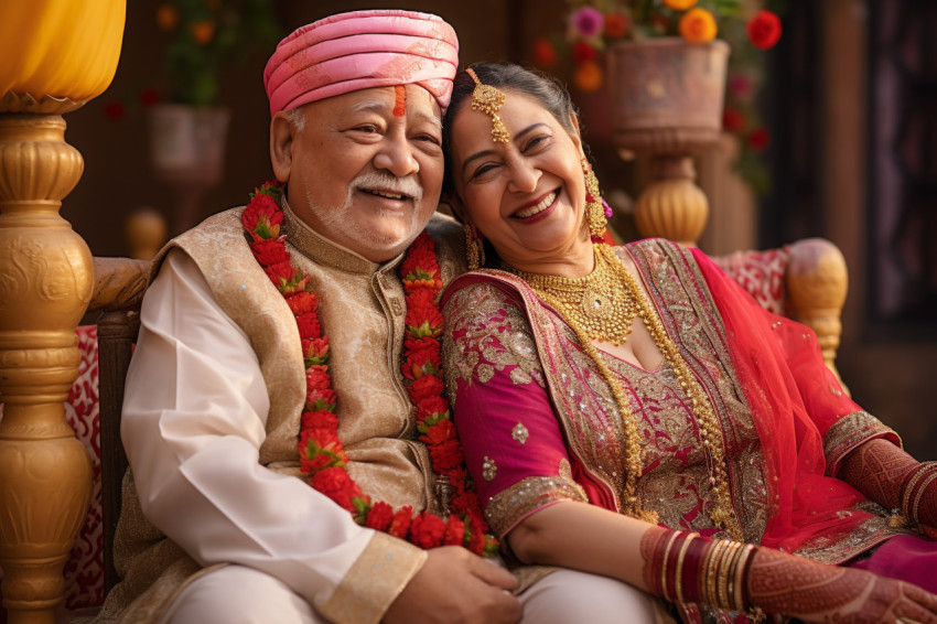 Indian senior couple smiling in traditional dress Indian senior couple smiling in traditional dress