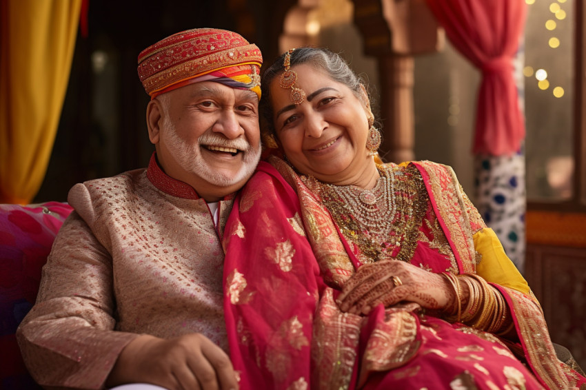 Indian senior couple smiling in traditional dress Indian senior couple smiling in traditional dress
