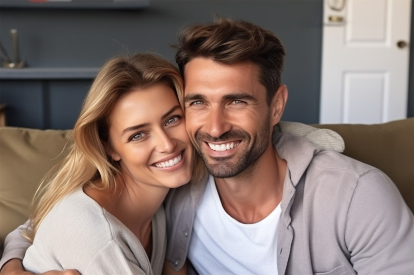 Cheerful Eastern millennial couple cuddling at home Cheerful Eastern millennial couple cuddling at home