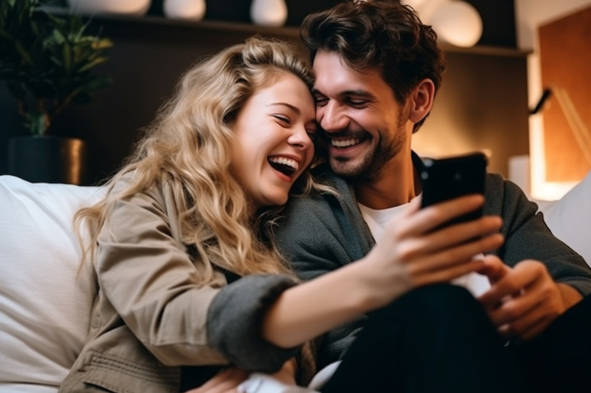 Happy couple hugging and using phone together Happy couple hugging and using phone together
