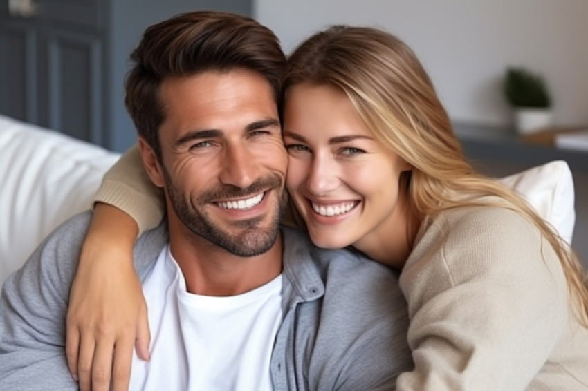Cheerful Eastern millennial couple cuddling at home Cheerful Eastern millennial couple cuddling at home