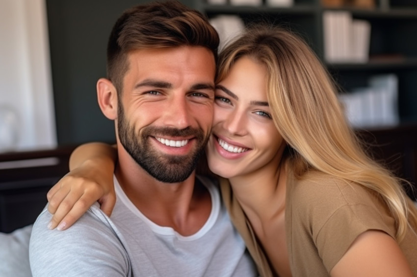Cheerful Eastern millennial couple cuddling at home Cheerful Eastern millennial couple cuddling at home