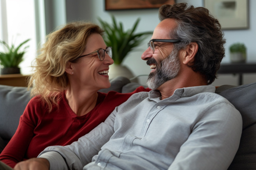 Happy couple talking and laughing on sofa Happy couple talking and laughing on sofa