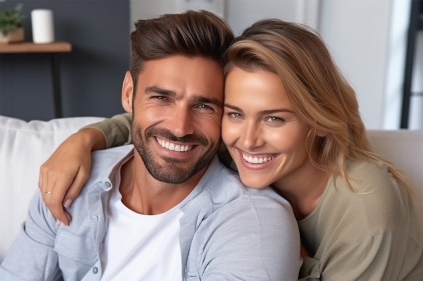 Cheerful Eastern millennial couple cuddling at home Cheerful Eastern millennial couple cuddling at home