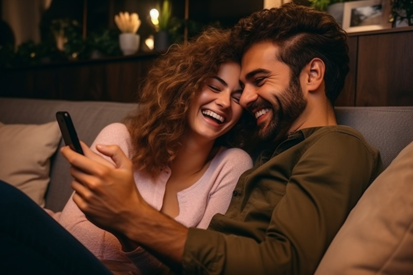 Happy couple hugging and using phone together Happy couple hugging and using phone together