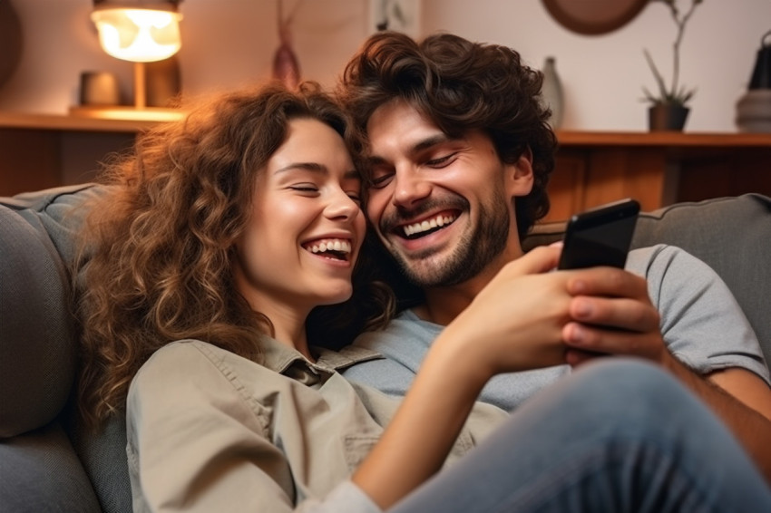 Happy couple hugging and using phone together Happy couple hugging and using phone together
