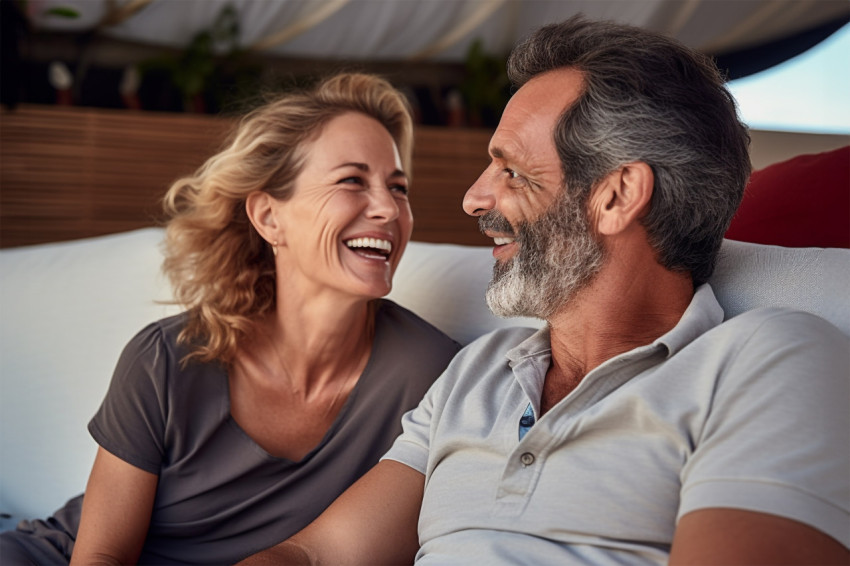 Happy couple talking and laughing on sofa Happy couple talking and laughing on sofa