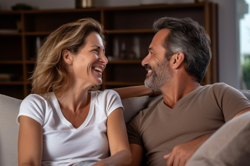 Happy couple talking and laughing on sofa Happy couple talking and laughing on sofa