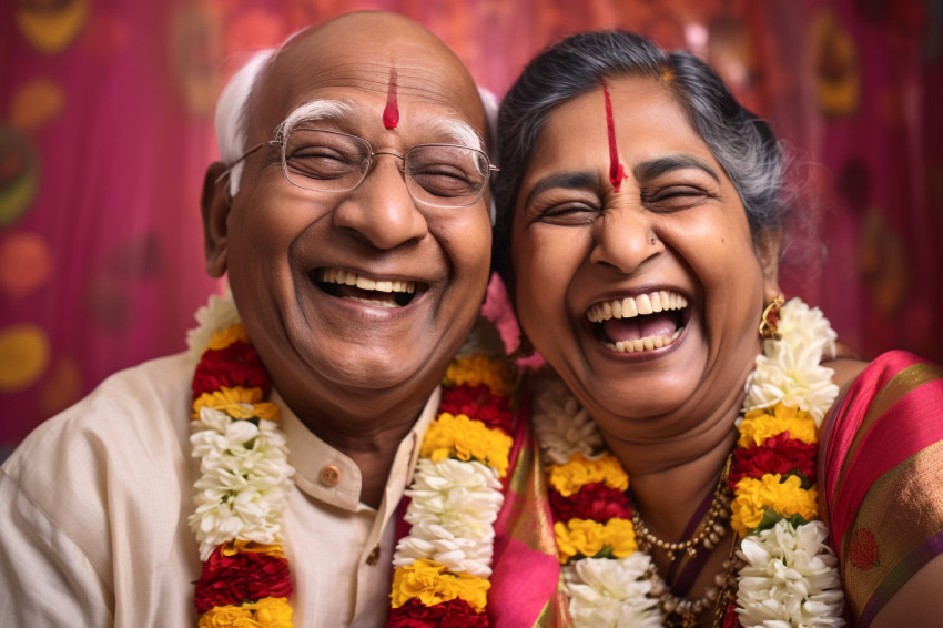 Happy Indian elderly couple smiling together